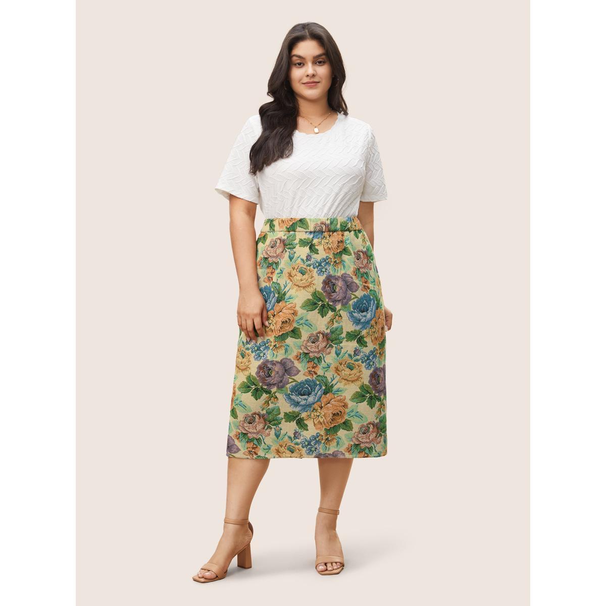 Plus Size Floral Print Elastic Waist Pocket Split Hem Skirt Women LightBrown Elegant Non No stretch Slanted pocket Everyday Skirts BloomChic 30/6X Product Image