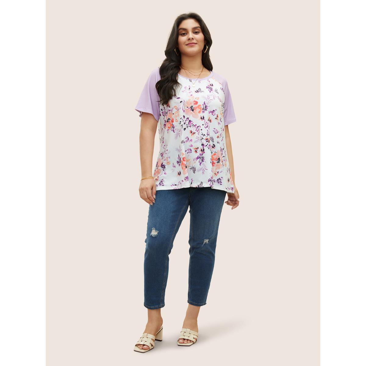 Plus Size Floral & Butterfly Print Raglan Sleeve T-shirt Lilac Women Elegant Patchwork Floral Round Neck Everyday T-shirts BloomChic 18-20/2X Product Image