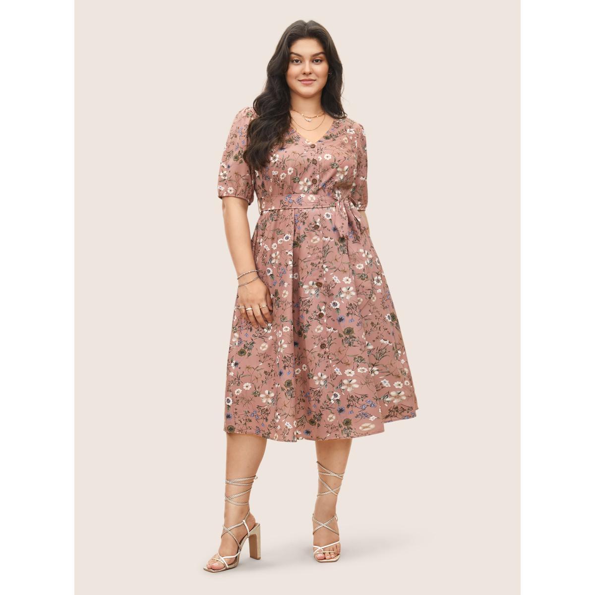 Plus Size Ditsy Floral Belted Lantern Sleeve Button Up Dress DustyPink Women Elegant Non V-neck Short sleeve Curvy Midi Dress BloomChic 14-16/1X Product Image