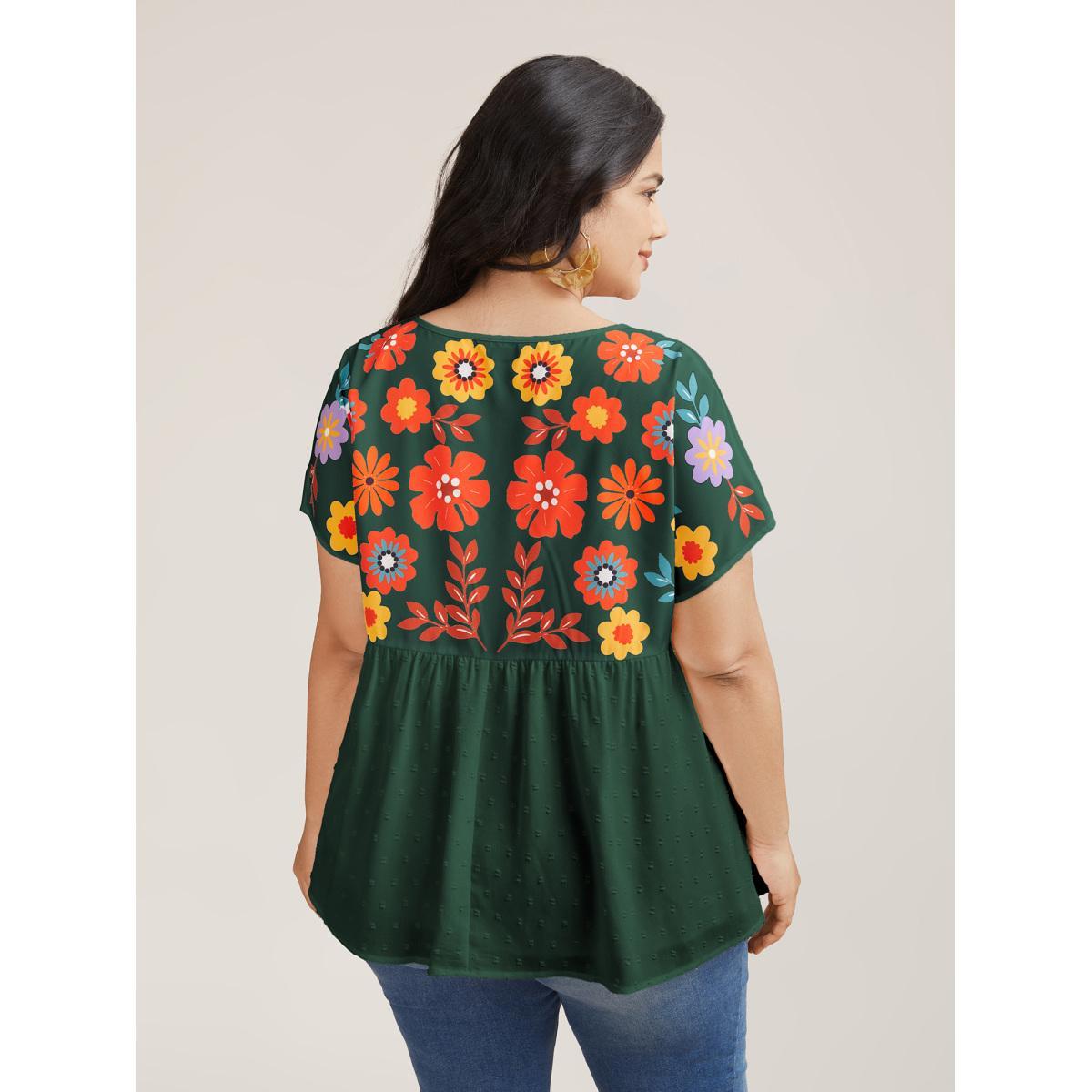 Plus Size DarkGreen Floral Print Neck-Tie Babydoll Top Women Resort Short sleeve Non Vacation Blouses BloomChic 26/4X Product Image