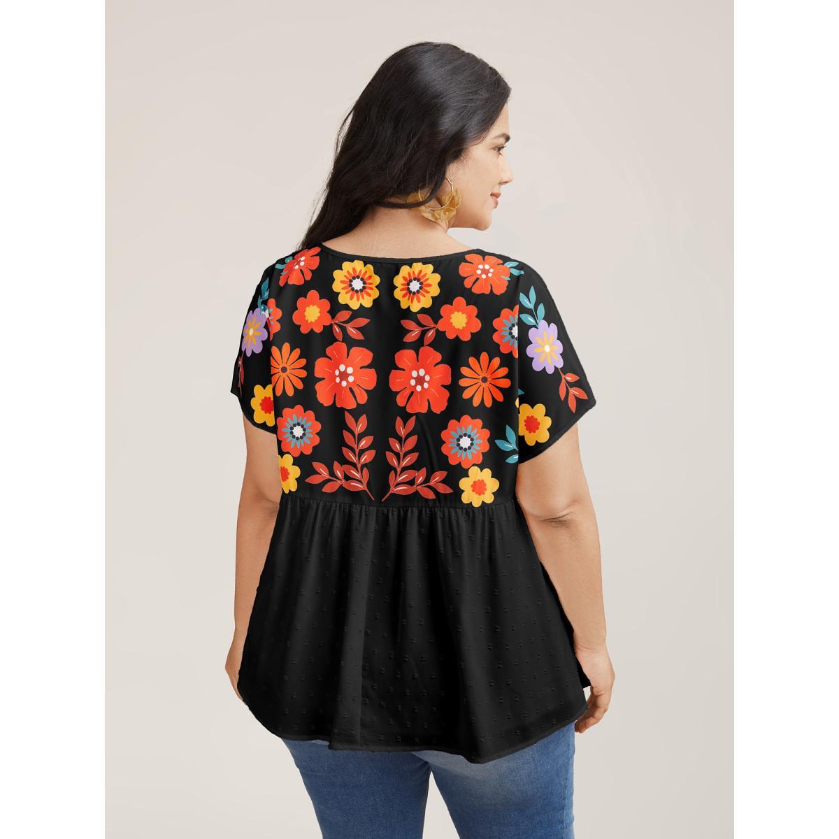 Plus Size Black Floral Print Neck-Tie Babydoll Top Women Resort Short sleeve Non Vacation Blouses BloomChic 12/L Product Image