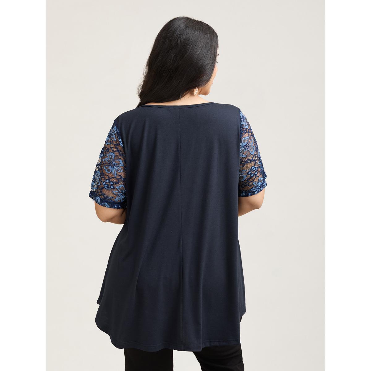 Plus Size Dual-Tone Lace Neck Tie Relaxed T-Shirt Indigo Women Elegant Tie knot V-neck Loose Everyday T-shirts BloomChic 10/M Product Image