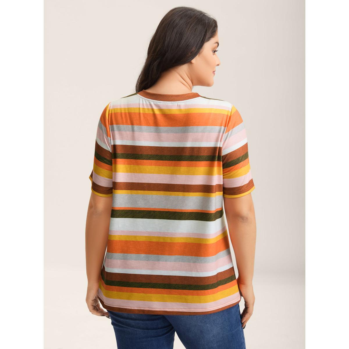 Plus Size Bamboo Stretchy Colorful Stripes T-Shirt Multicolor Women Contrast V-neck Everyday-Casual T-shirts BloomChic 22-24/3X Product Image