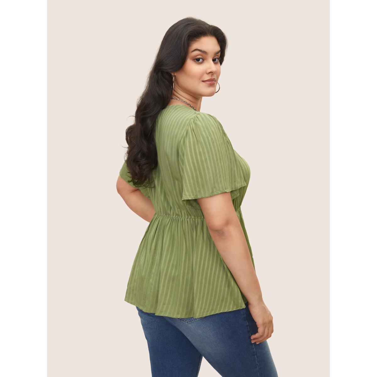 Plus Size Sage Plain Striped Overlap Collar Ruffle Sleeve Blouse Women Casual Short sleeve Overlap Collar Everyday Blouses BloomChic 18-20/2X Product Image