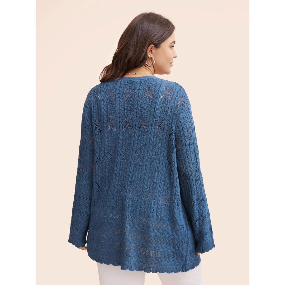 Plus Size Solid Scalloped Trim Cable Knit Cardigan Aegean Women Casual Loose Long Sleeve Everyday Cardigans BloomChic 30/6X Product Image