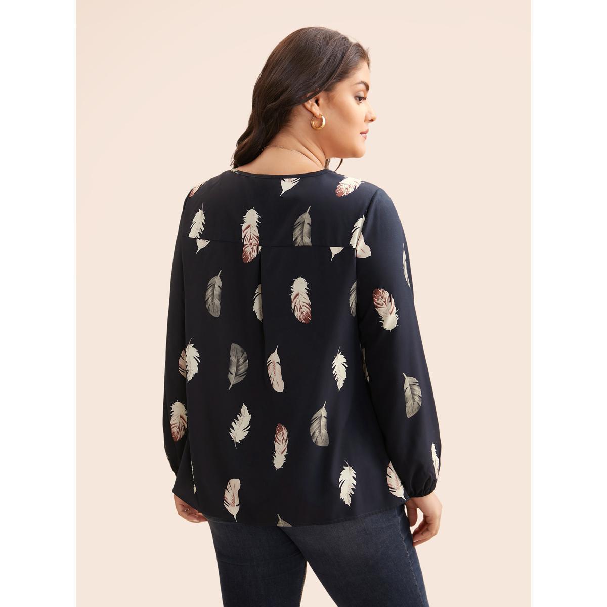 Plus Size Indigo Feather Print Pleated Slit Hem Blouse Women Elegant Extra Long Sleeve Round Neck Everyday Blouses BloomChic 14-16/1X Product Image