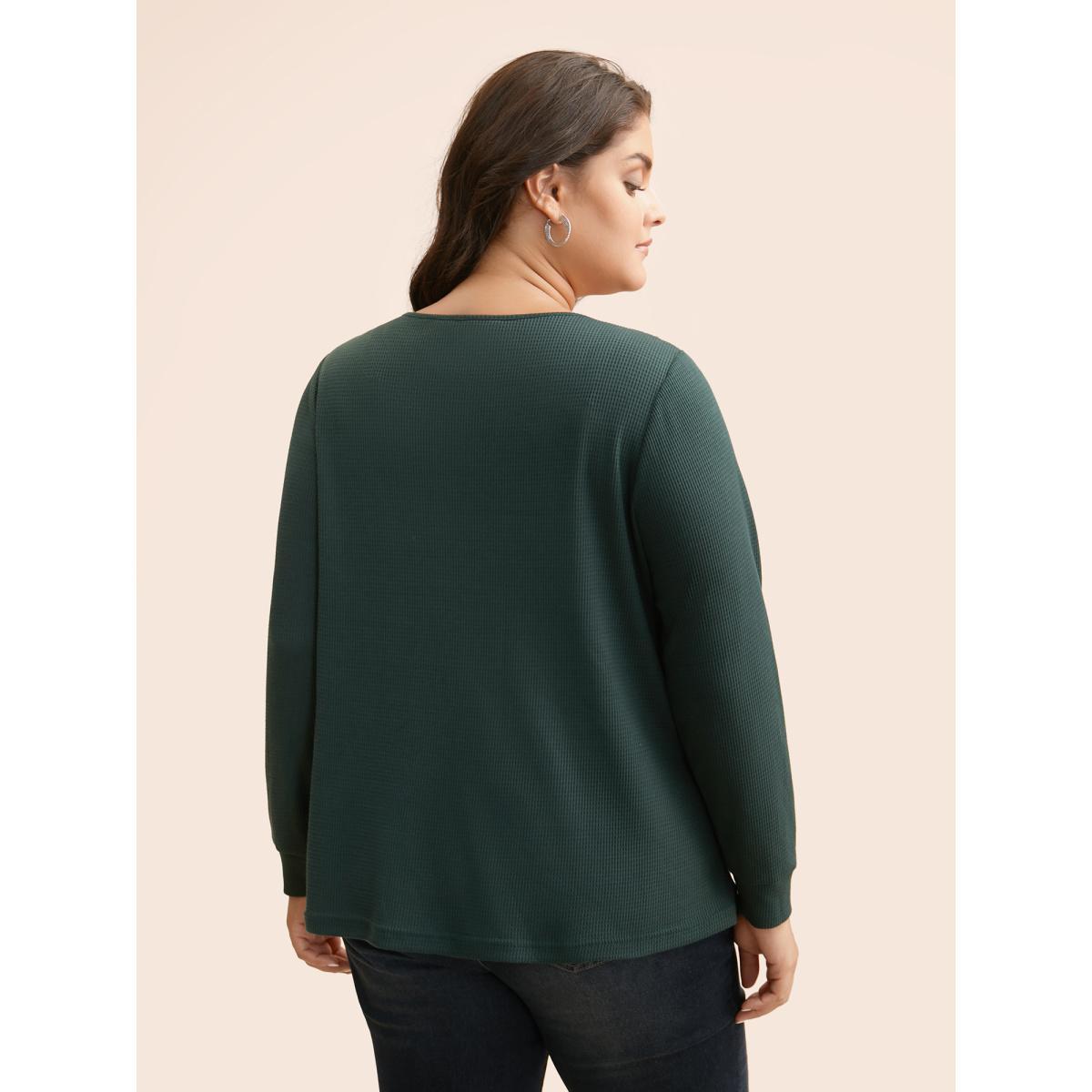 Plus Size Solid Waffle Knit Lace Trim T-shirt DarkGreen Women Casual Woven ribbon&lace trim Round Neck Everyday T-shirts BloomChic 28/5X Product Image