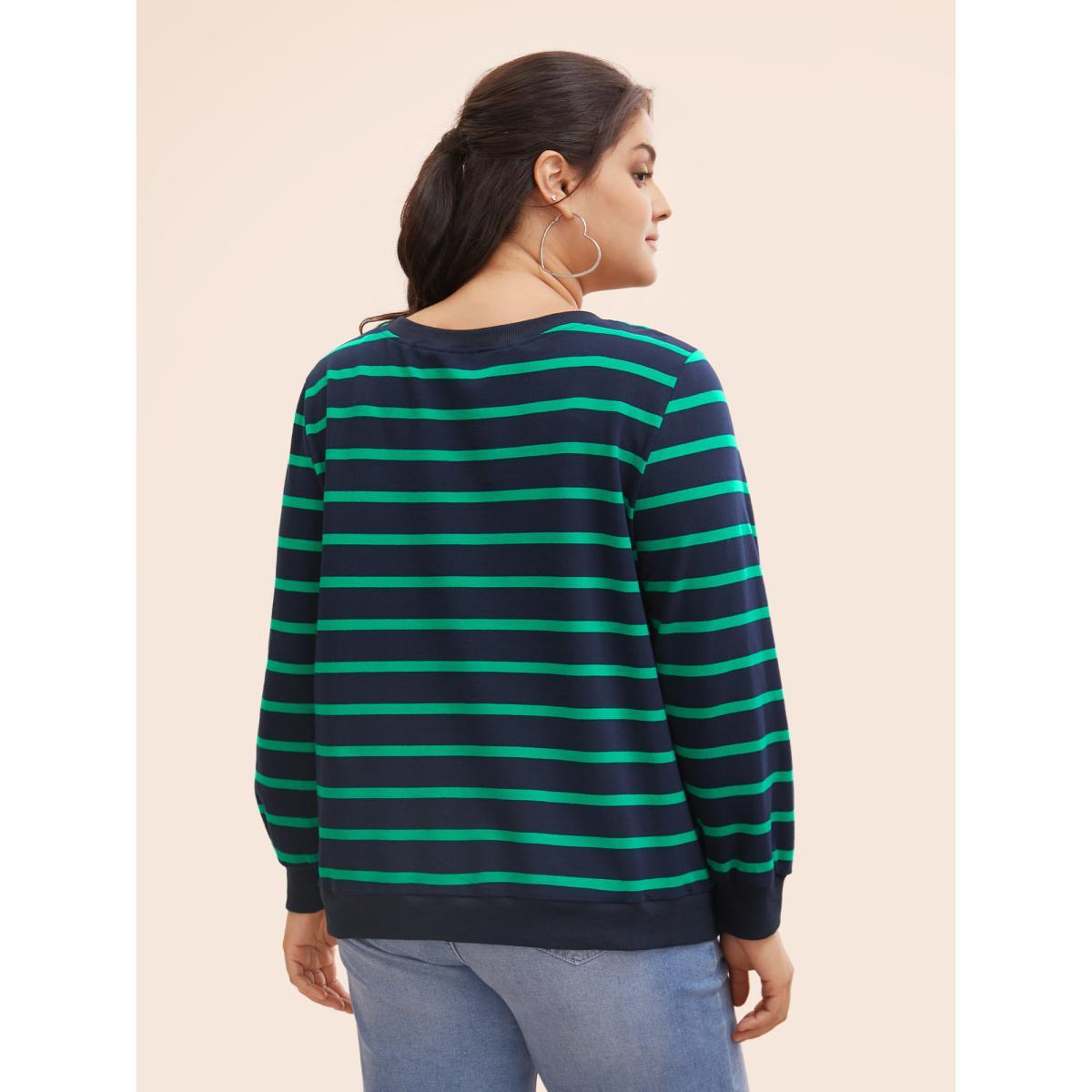 Plus Size Round Neck Striped Stretchy Sweatshirt Women Midnight Casual Contrast Round Neck Everyday Sweatshirts BloomChic 28/5X Product Image