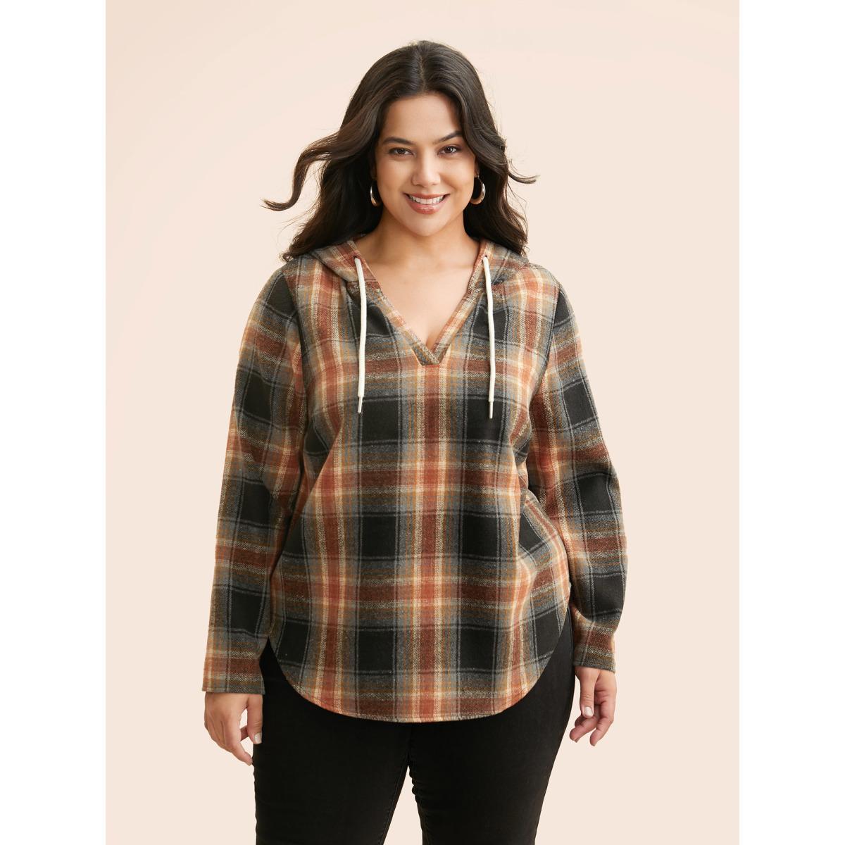 Plus Size Brushed Fabric Plaid Hooded Sweatshirt Women Black Casual Drawstring Hooded Everyday Sweatshirts BloomChic 30/6X Product Image
