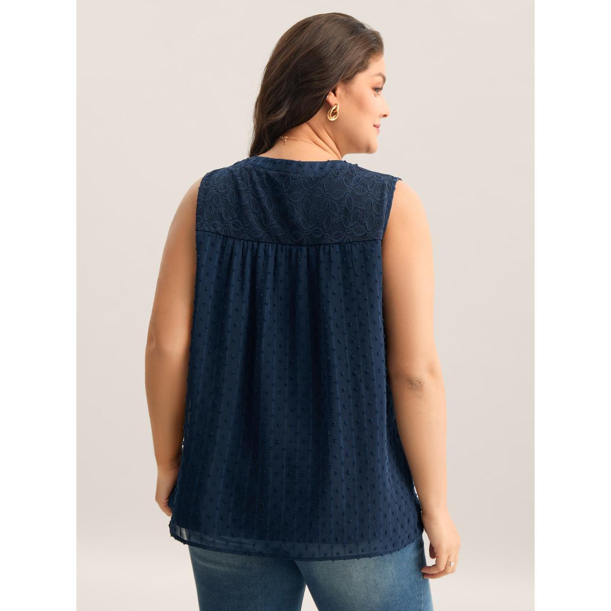 Plus Size Textured Lace Detail Neck Tie Sleeveless Top Women DarkBlue Woven ribbon&lace trim Flat collar with V-notch Everyday-Elegant Tank Tops Camis BloomChic 28/5X Product Image