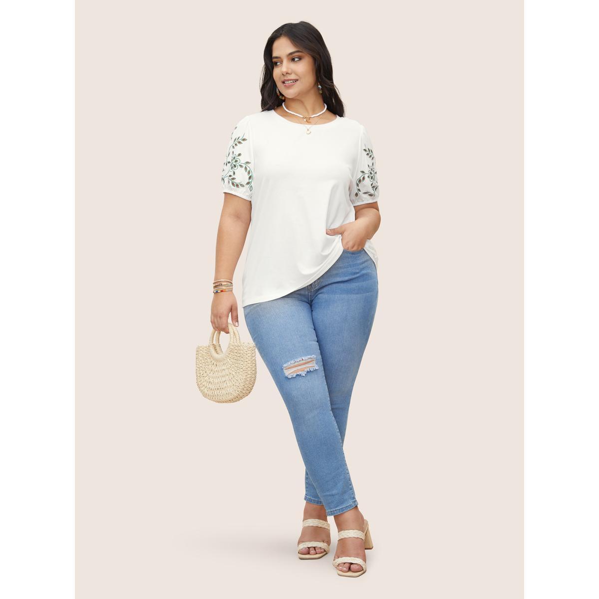 Plus Size Floral Embroidered Round Neck Cut Out T-shirt White Women Resort Contrast Round Neck Vacation T-shirts BloomChic 14-16/1X Product Image