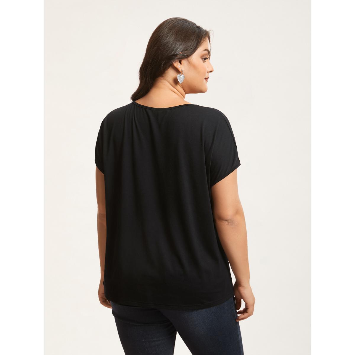 Plus Size Heart Print Stretchy Dolman Sleeve T-Shirt Black Women Casual Non V-neck Everyday T-shirts BloomChic 10/M Product Image