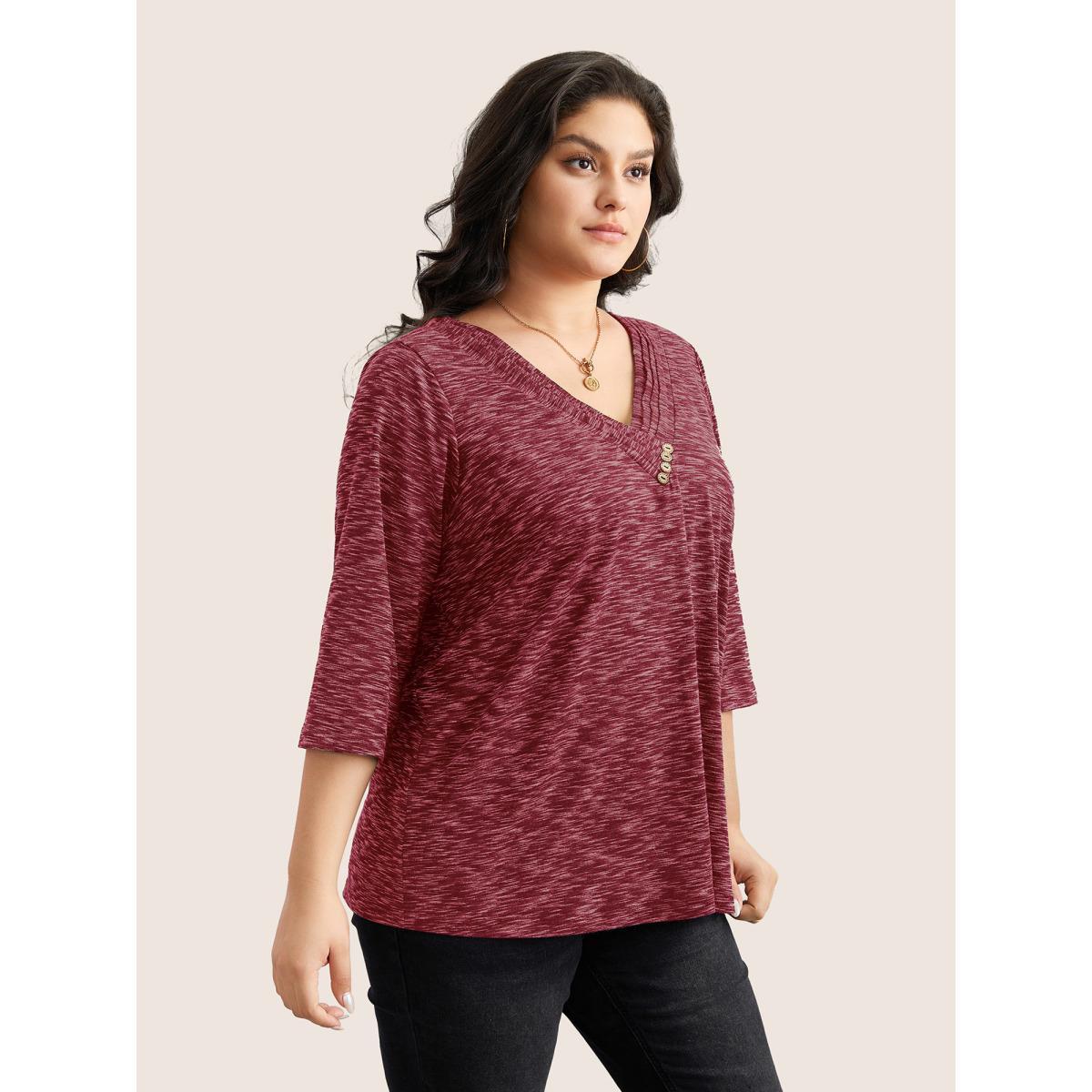 Plus Size Heather Pleated Button Detail T-shirt Raspberry Women Casual Pleated Plain V-neck Everyday T-shirts BloomChic 18-20/2X Product Image