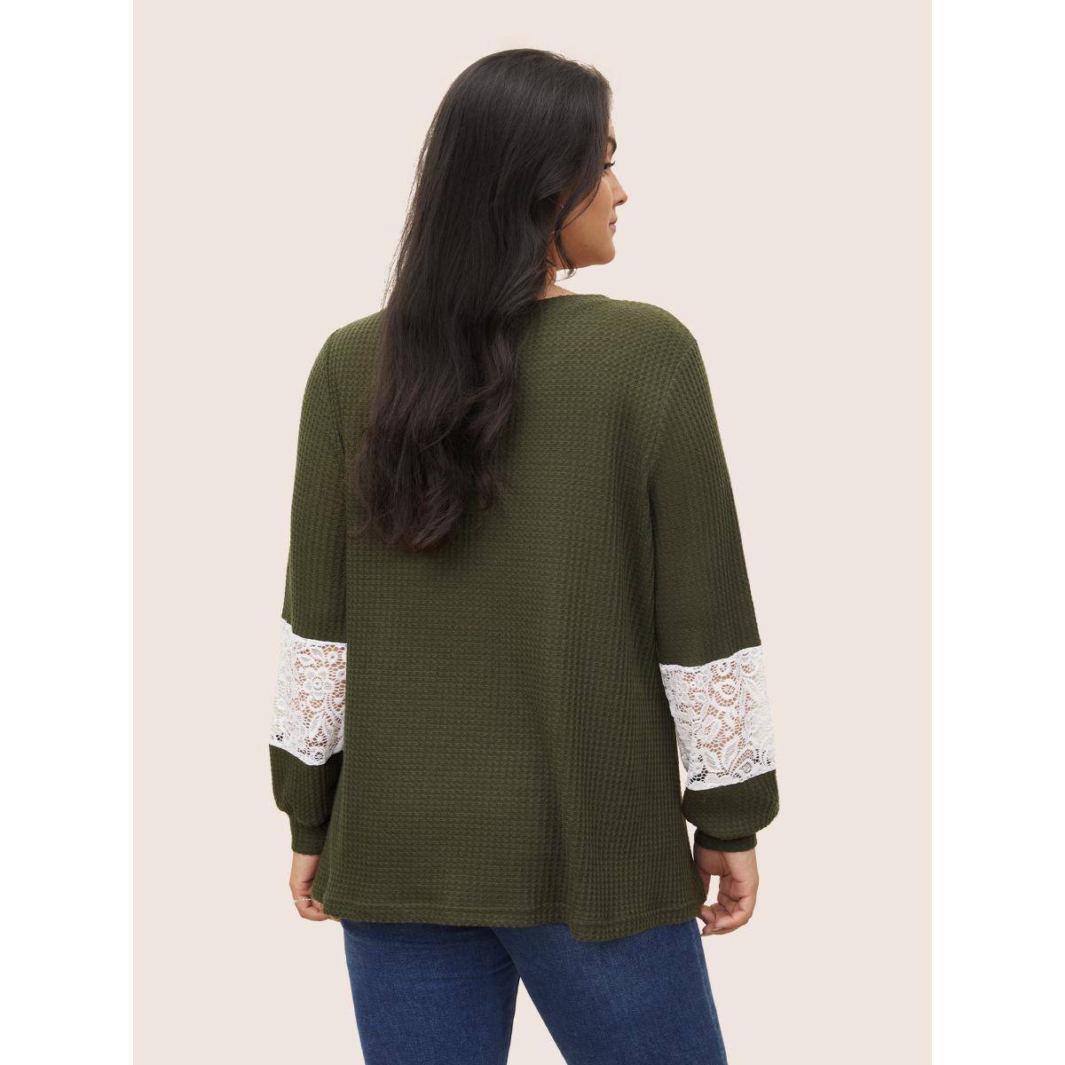 Plus Size Waffle Knit Contrast Lace Patchwork T-shirt ArmyGreen Women Elegant Contrast Plain Round Neck Everyday T-shirts BloomChic 10/M Product Image