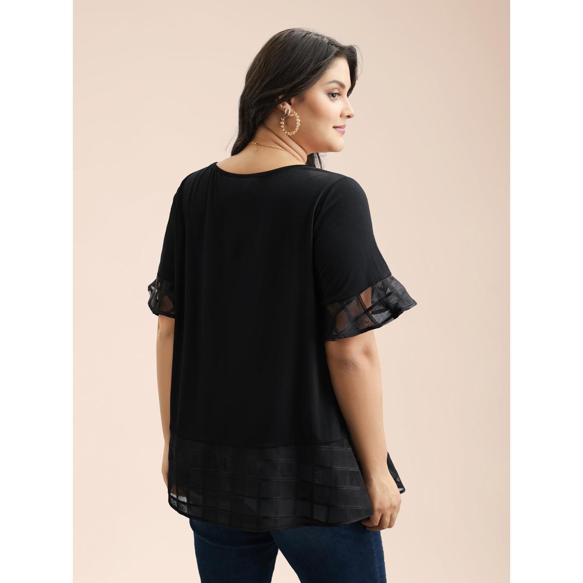 Plus Size Sheer Patchwork Ruffle Round Neck T-Shirt Black Women Elegant Patchwork Round Neck Everyday T-shirts BloomChic 22-24/3X Product Image