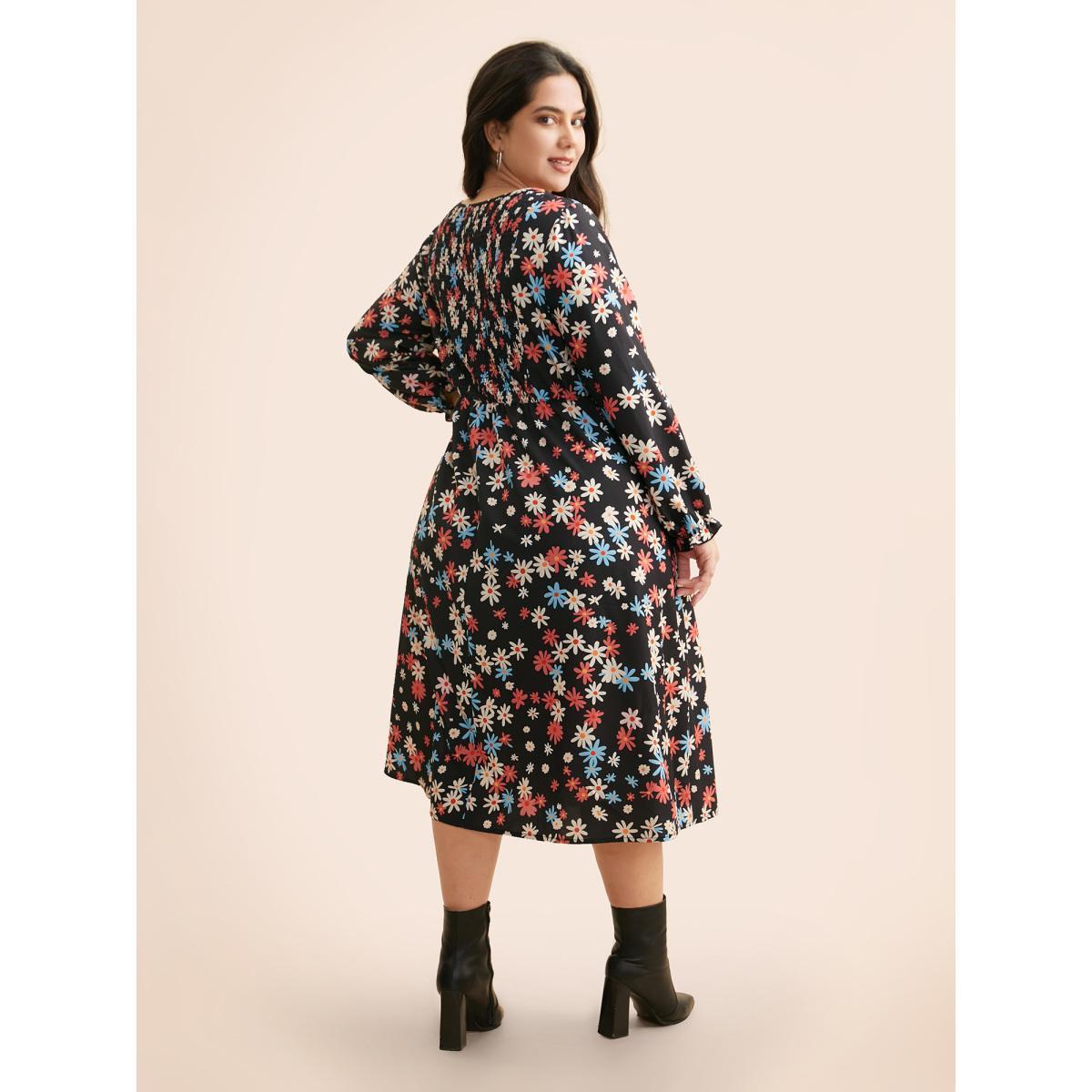 Plus Size Floral Square Neck Lantern Sleeve Dress BlackFlower Women Elegant Ruffles Square Neck Long Sleeve Curvy BloomChic 14-16/1X Product Image