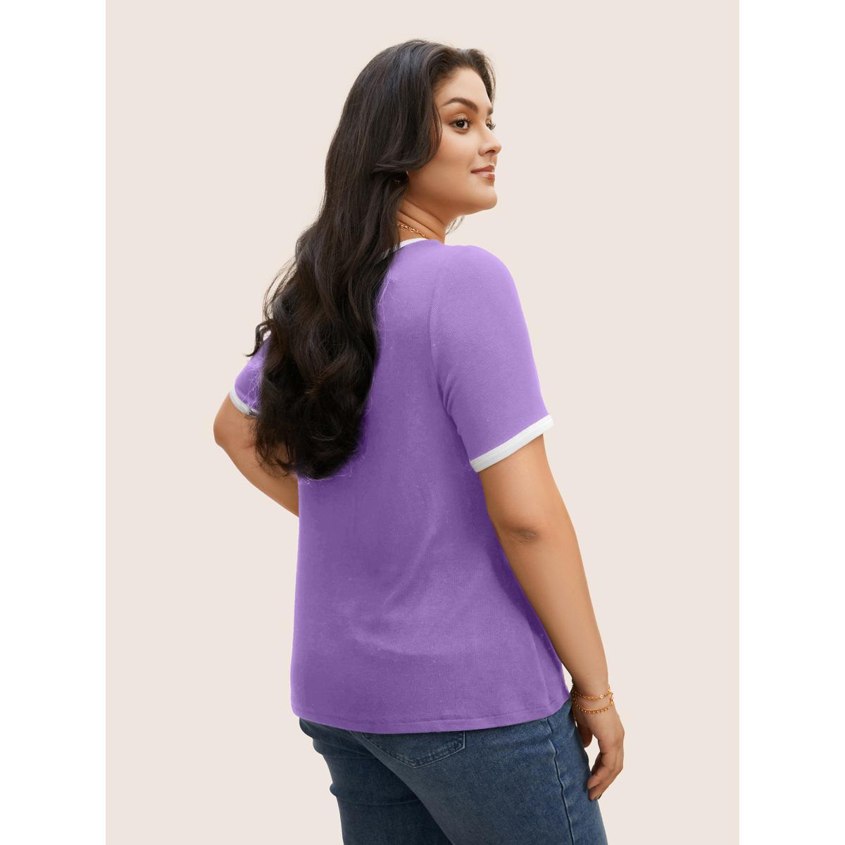 Plus Size Asymmetrical Neck Contrast Trim Pit Strip T-shirt Lilac Women Elegant Contrast Asymmetrical Neck Bodycon Everyday T-shirts BloomChic 12/L Product Image