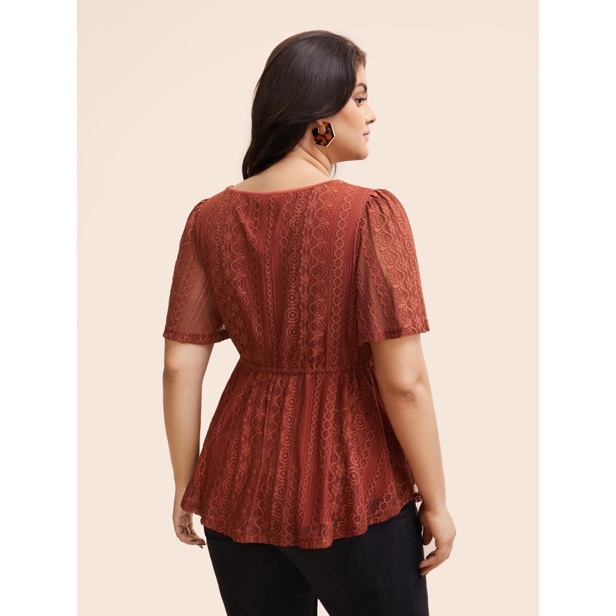 Plus Size Russet V Neck Lace Panel Drawstring Blouse Women Elegant Short sleeve V-neck Everyday Blouses BloomChic 30/6X Product Image