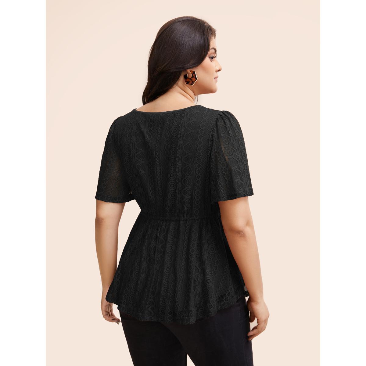 Plus Size DarkGreen V Neck Lace Panel Drawstring Blouse Women Elegant Short sleeve V-neck Everyday Blouses BloomChic 30/6X Product Image
