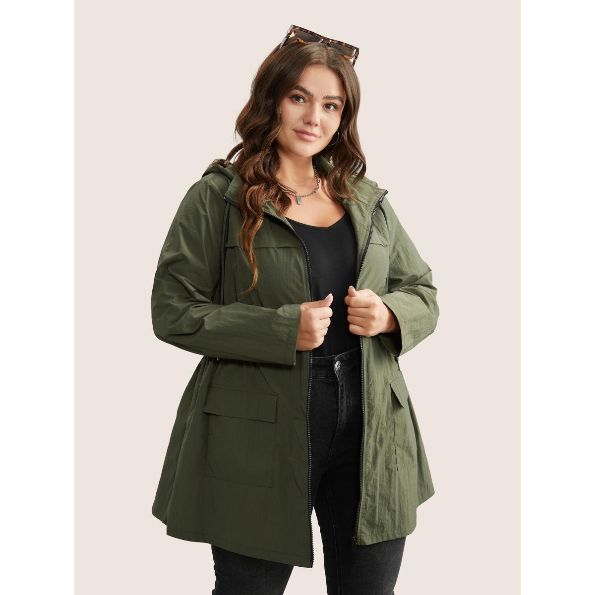 Plus Size Plain Hooded Drawstring Gathered Zipper Jacket Women ArmyGreen Non Patch pocket Everyday Jackets BloomChic 10/M Product Image