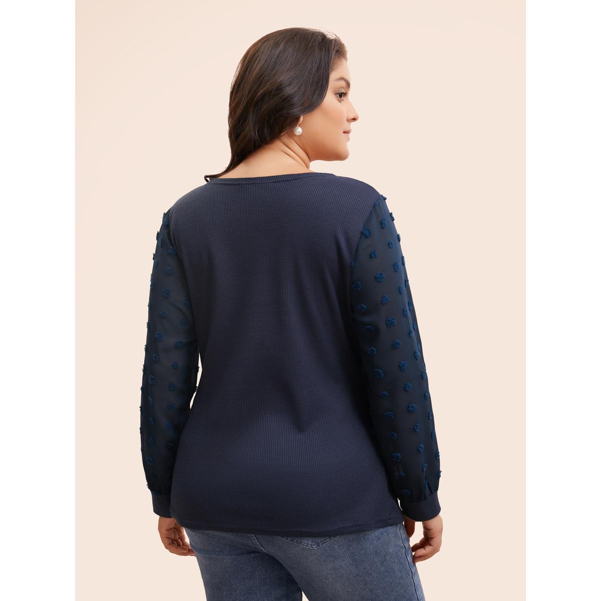 Plus Size Waffle Knit Patchwork Mesh Overlapping T-shirt Indigo Women Elegant Overlapping V-neck Bodycon Everyday T-shirts BloomChic 28/5X Product Image