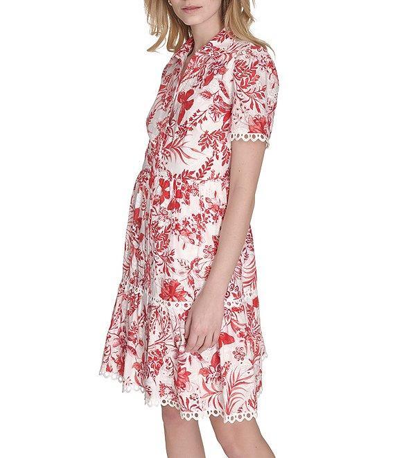 Eliza J Eyelet Floral Print Point Collar Neck Short Sleeve Button Front Shirt Dress Product Image