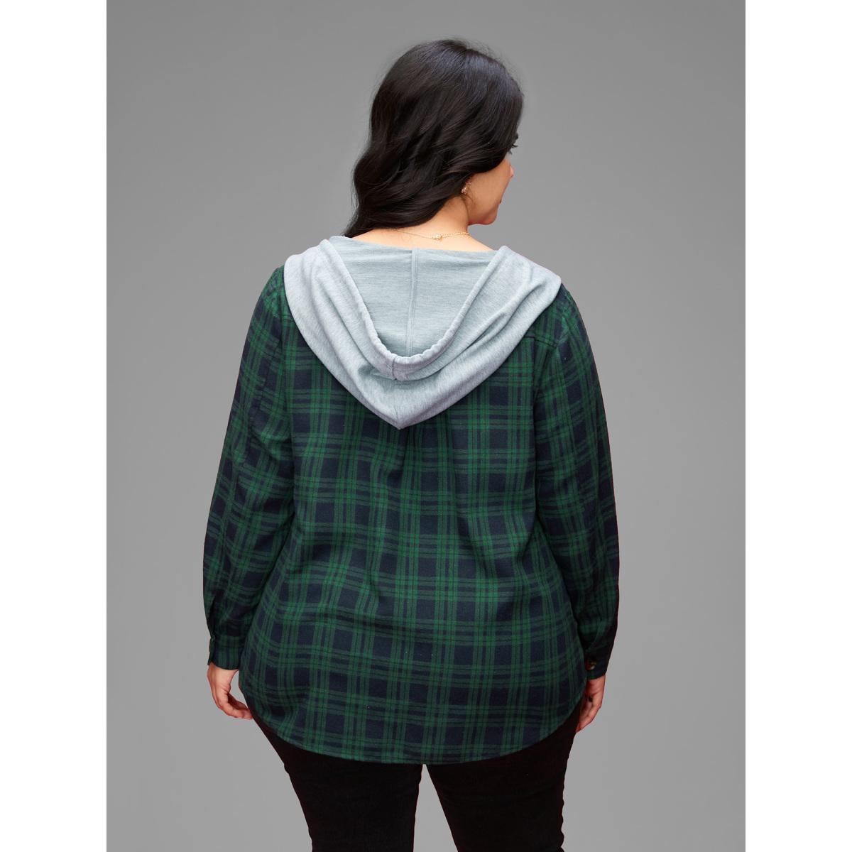 Plus Size Plaid Hooded Drawstring Jacket Women DarkGreen Contrast Slanted pocket Everyday Jackets BloomChic 22-24/3X Product Image