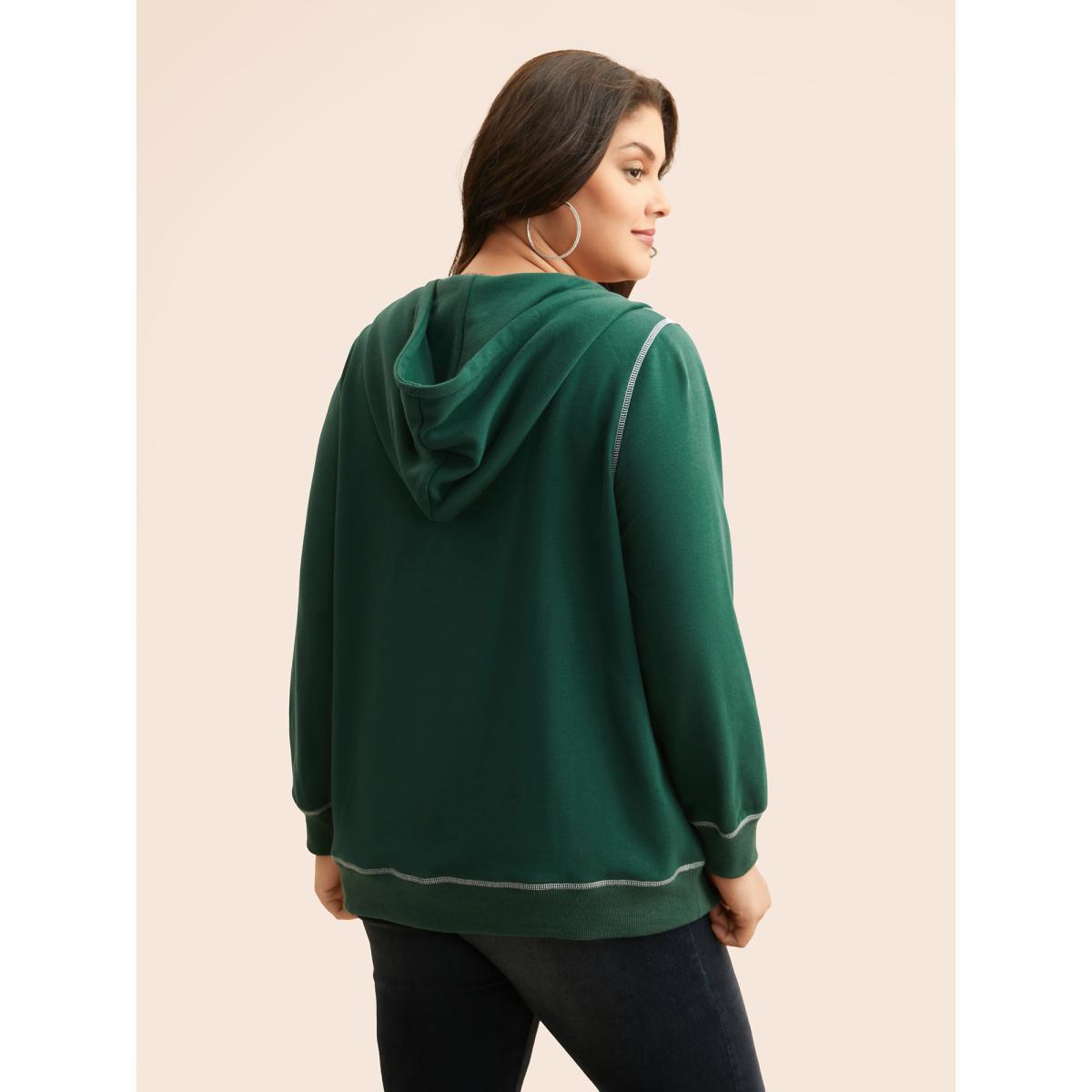 Plus Size Contrast Stitch Hooded Drawstring Sweatshirt Women DarkGreen Casual Topstitching Loose Non Everyday Sweatshirts BloomChic 26/4X Product Image