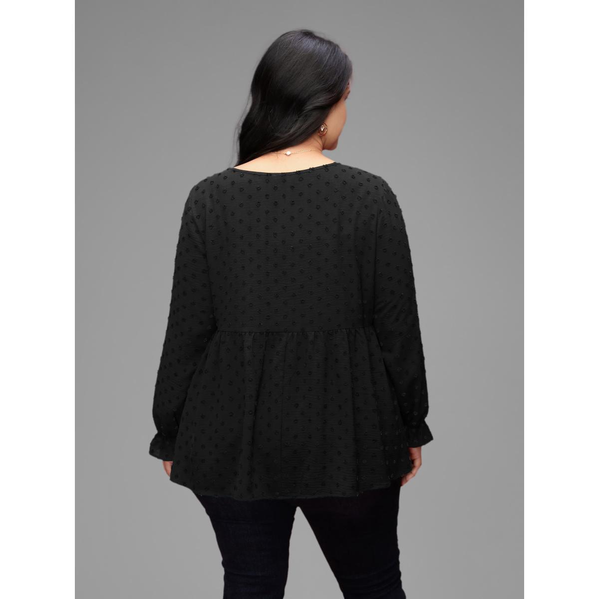 Plus Size Black Textured Dot Elastic Cuffs A-line Blouse Women Casual Long Sleeve Round Neck Everyday Blouses BloomChic 12/L Product Image