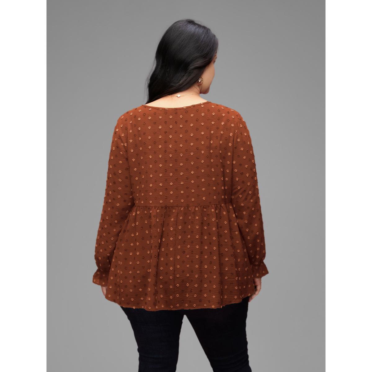 Plus Size Rust Textured Dot Elastic Cuffs A-line Blouse Women Casual Long Sleeve Round Neck Everyday Blouses BloomChic 12/L Product Image