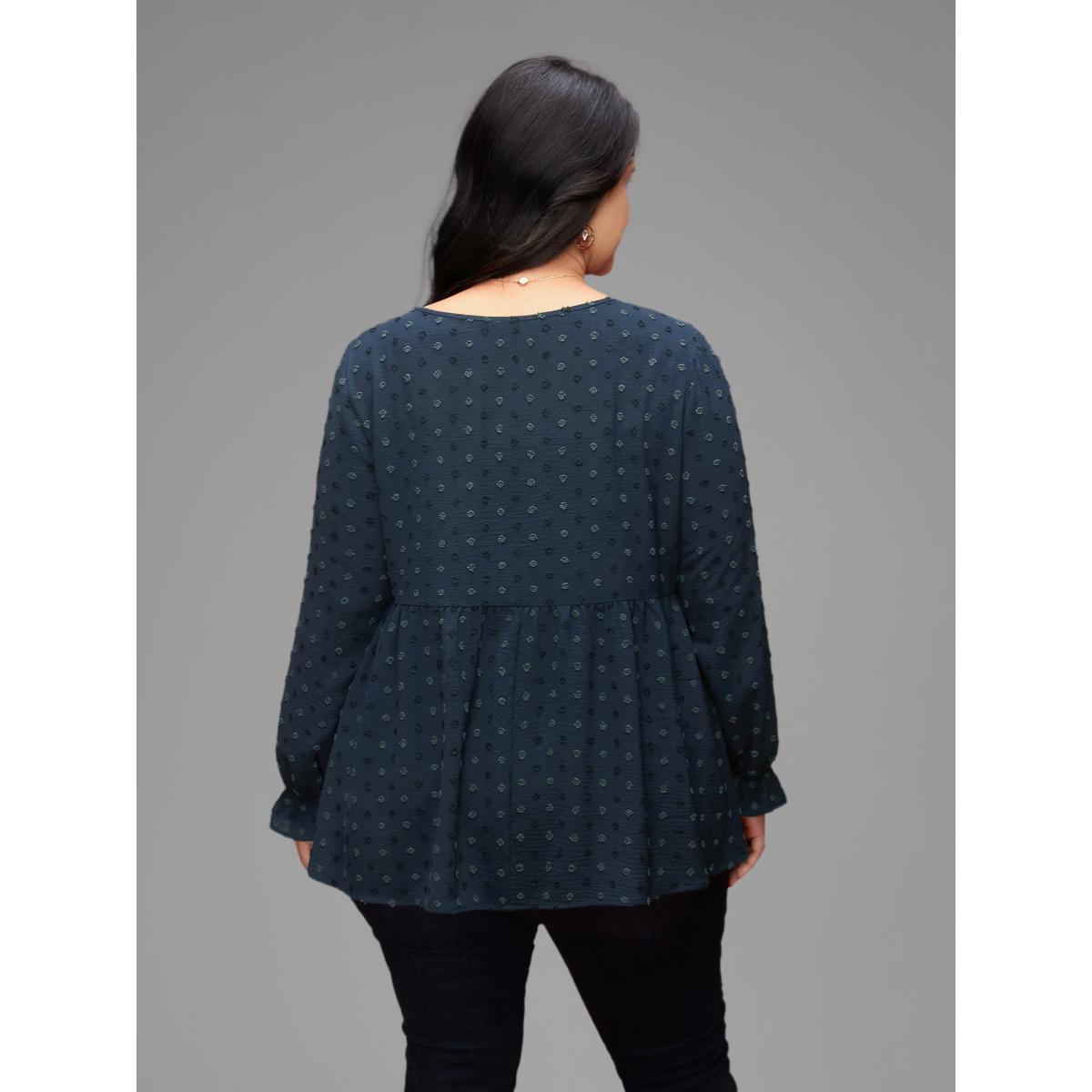 Plus Size Indigo Textured Dot Elastic Cuffs A-line Blouse Women Casual Long Sleeve Round Neck Everyday Blouses BloomChic 28/5X Product Image