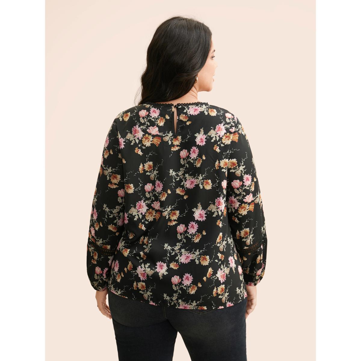 Plus Size Black Floral Lace Panel Lantern Sleeve Blouse Women Elegant Long Sleeve Round Neck Everyday Blouses BloomChic 10/M Product Image
