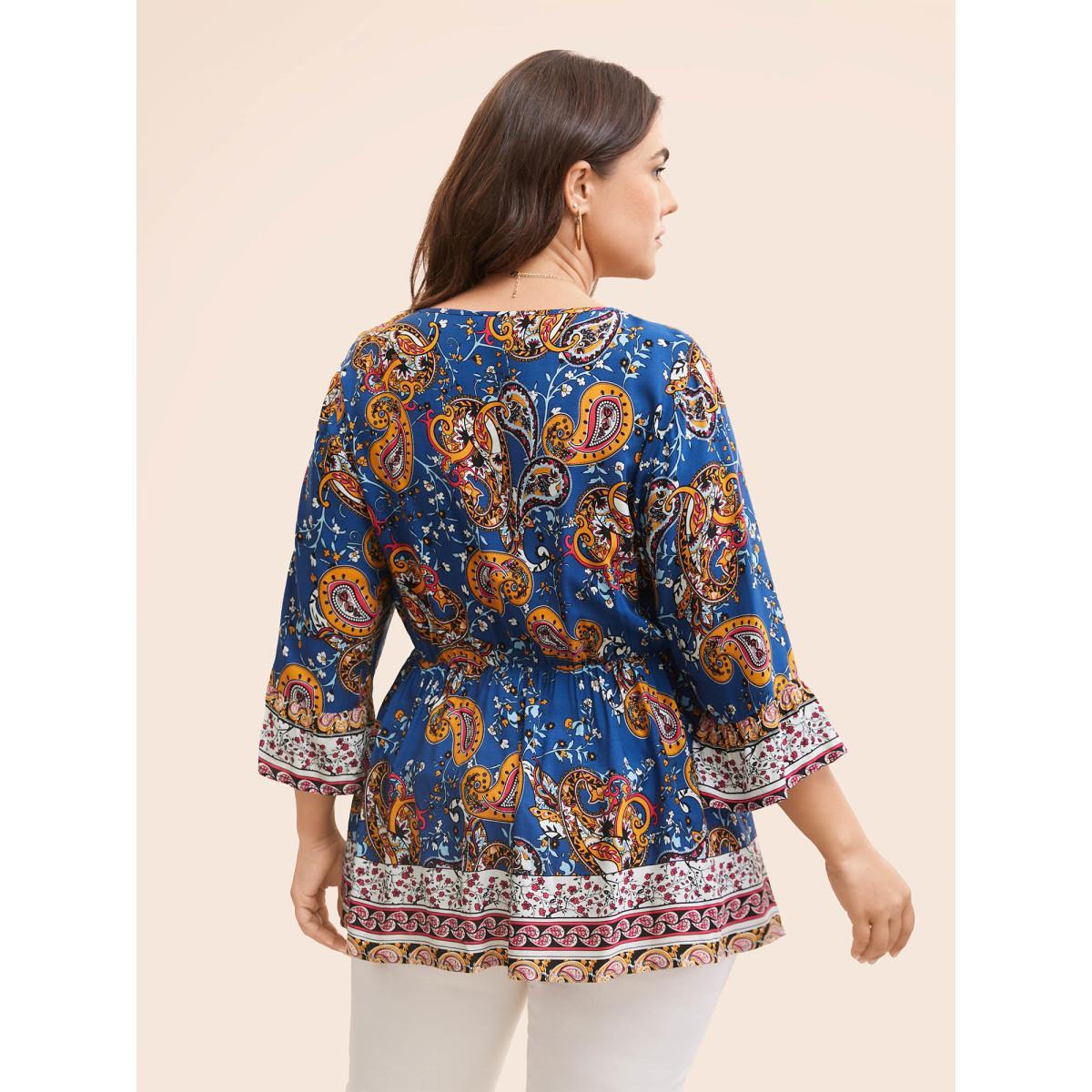 Plus Size DarkBlue Boho Print Tie Knot Tassels Crisscross Blouse Women Resort Elbow-length sleeve V-neck Vacation Blouses BloomChic 26/4X Product Image