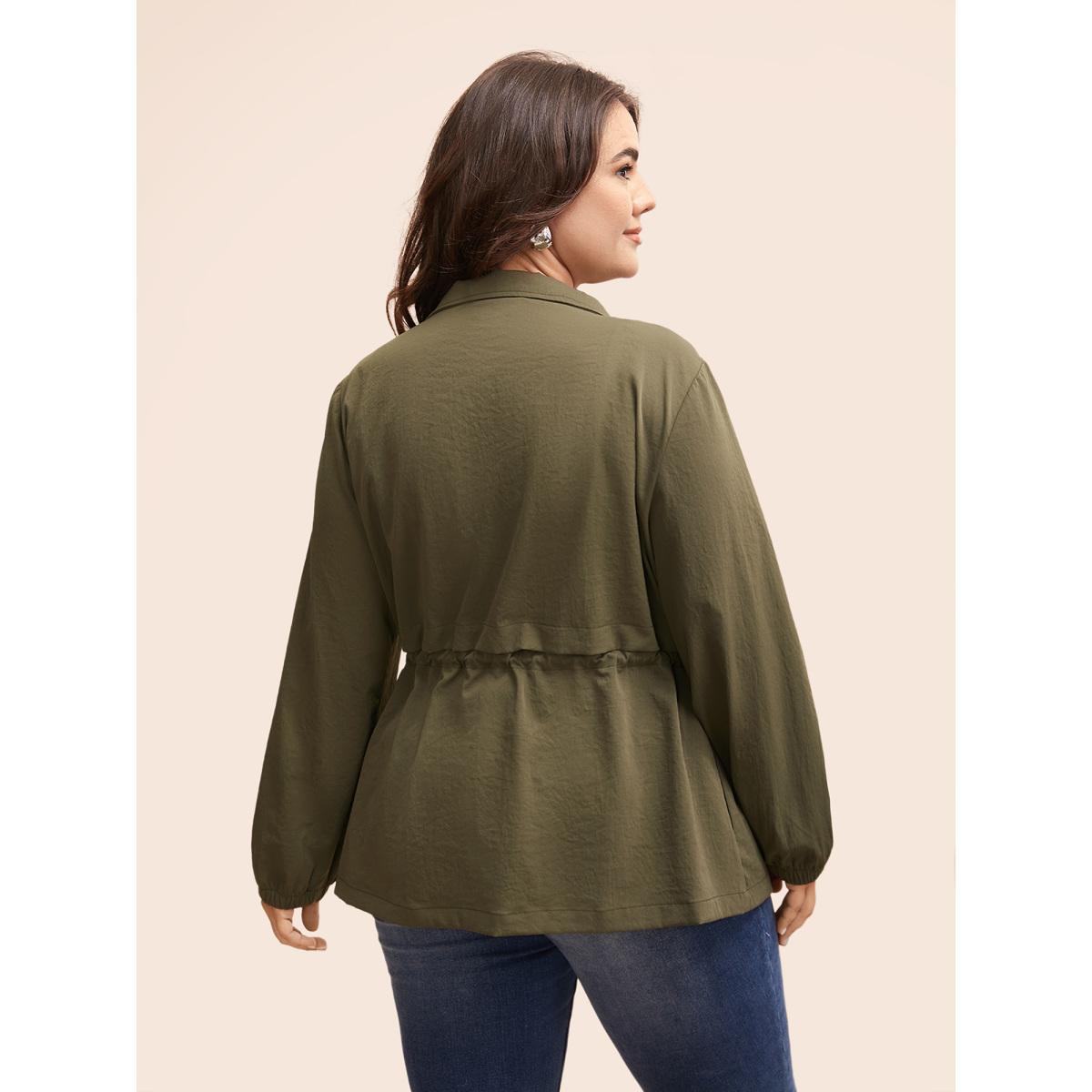 Plus Size Solid Flap Pocket Drawstring Jacket Women ArmyGreen Drawstring Side seam pocket Everyday Jackets BloomChic 14-16/1X Product Image