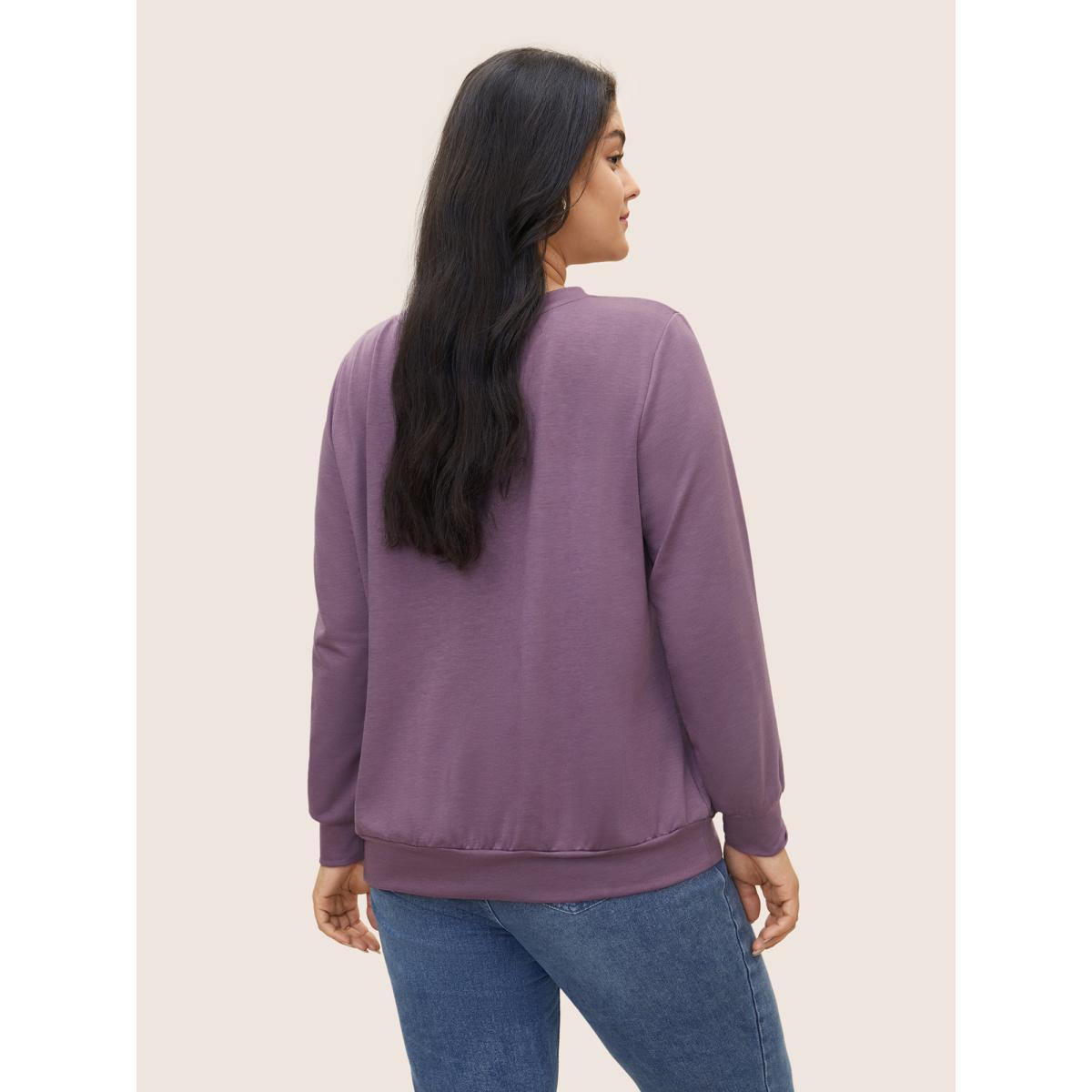 Plus Size Round Neck Lace Patchwork Sweatshirt Women Mauve Casual See through Round Neck Everyday Sweatshirts BloomChic 14-16/1X Product Image