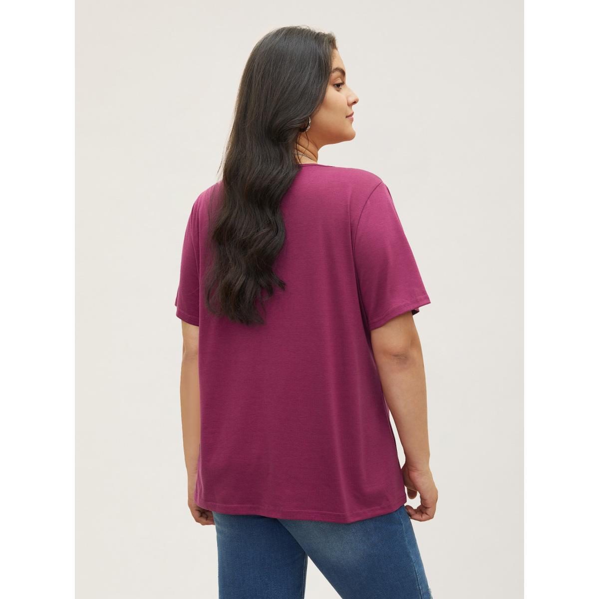 Plus Size Solid Pleated Front Button Detail V Neck T-shirt RedViolet Women Casual Button Plain Everyday T-shirts BloomChic 22-24/3X Product Image