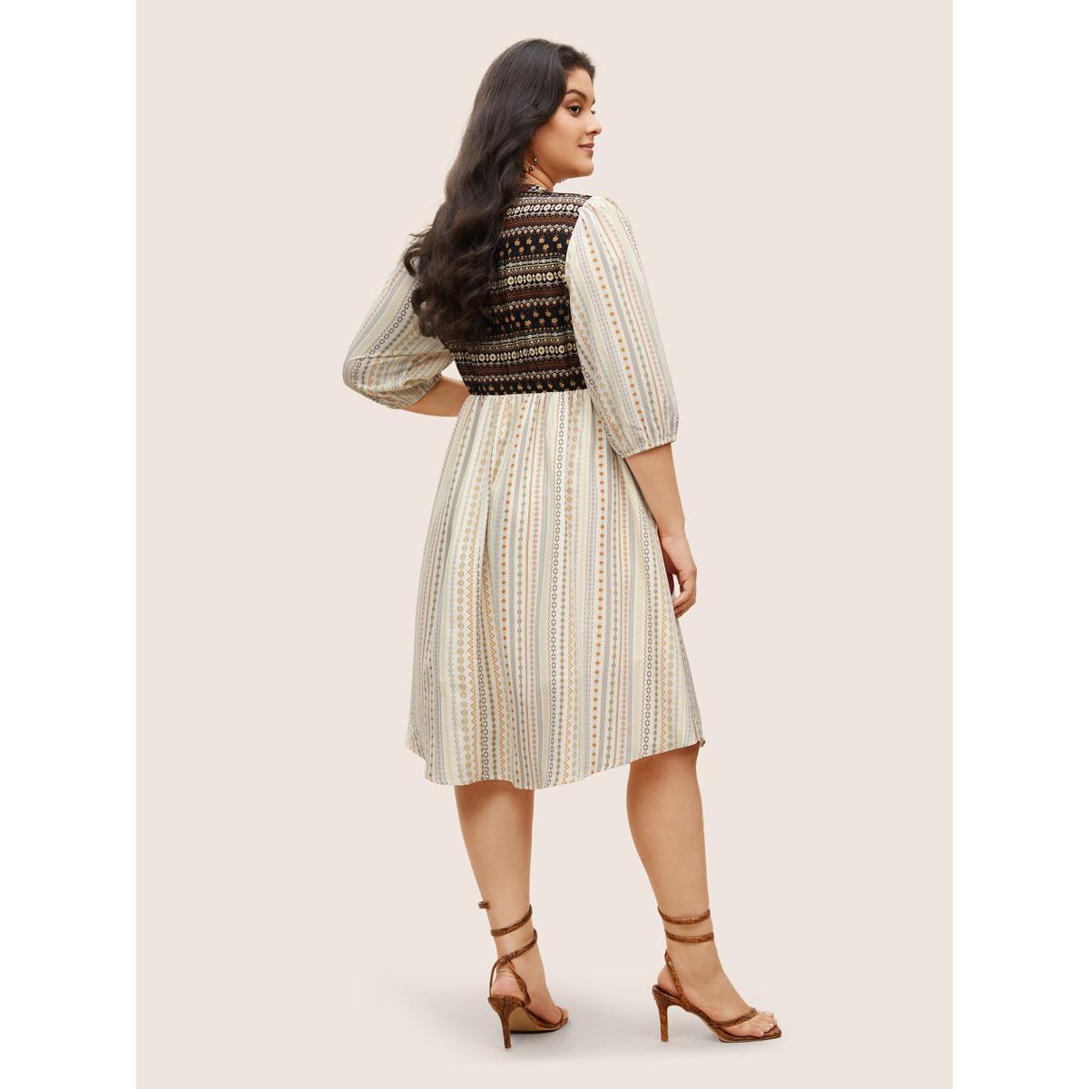 Plus Size Bandana Striped Patchwork Notched Lantern Sleeve Dress Beige Women Resort Patchwork Flat collar with V-notch Elbow-length sleeve Curvy Midi Dress BloomChic 14-16/1X Product Image
