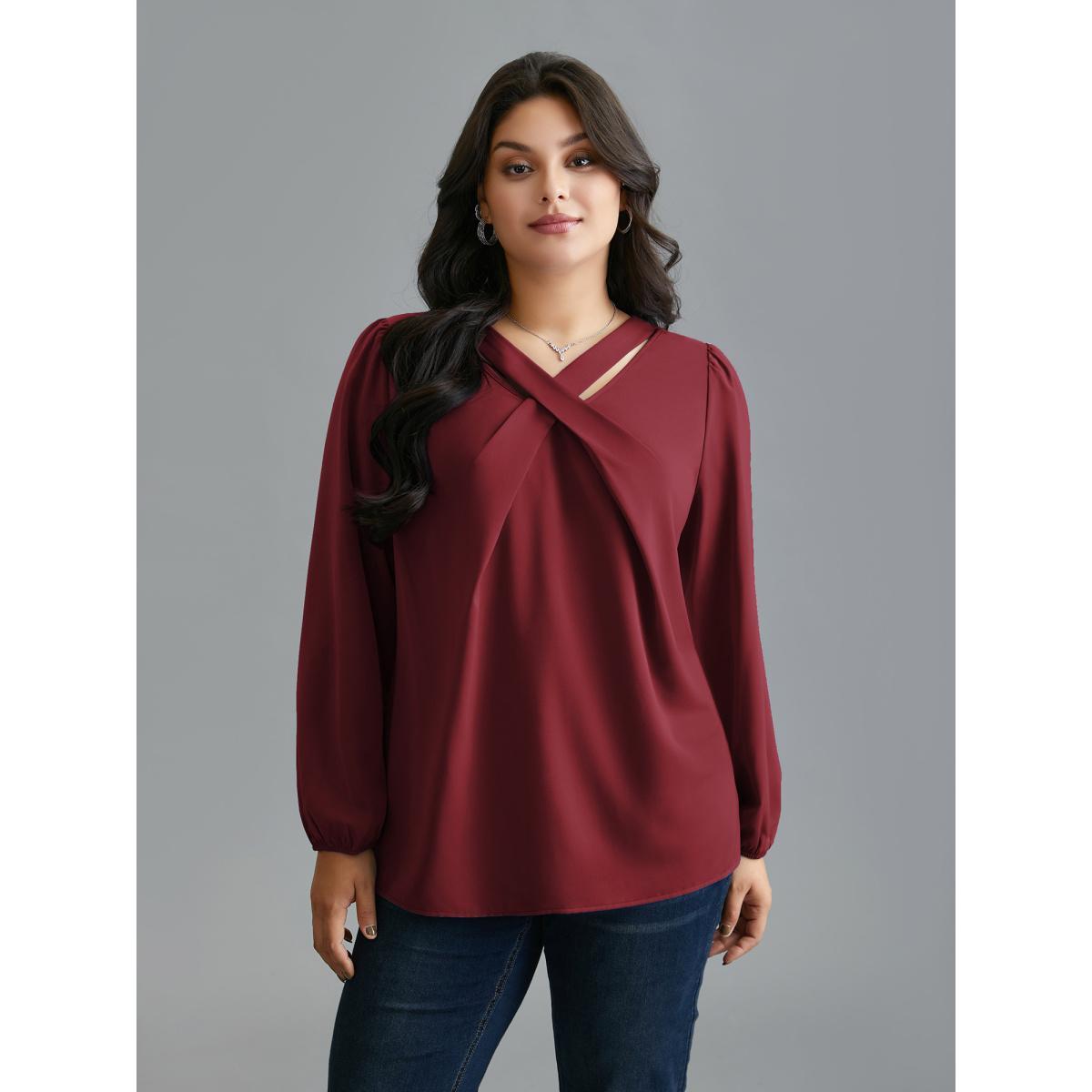 Plus Size Burgundy Criss Cross Neckline Puff Sleeve Gathered Blouse Women Elegant Long Sleeve Asymmetrical Neck Everyday Blouses BloomChic 12/L Product Image