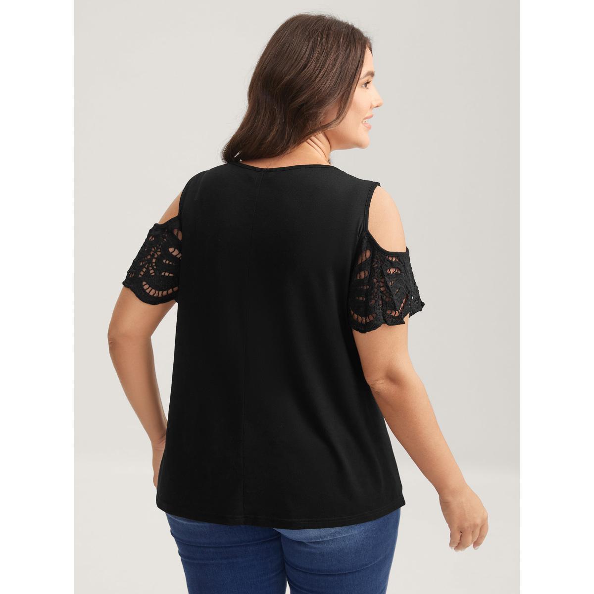 Plus Size Sleeve Cut-Out Cold-Shoulder T-Shirt Black Women Cut-Out Round Neck Everyday-Casual T-shirts BloomChic 10/M Product Image