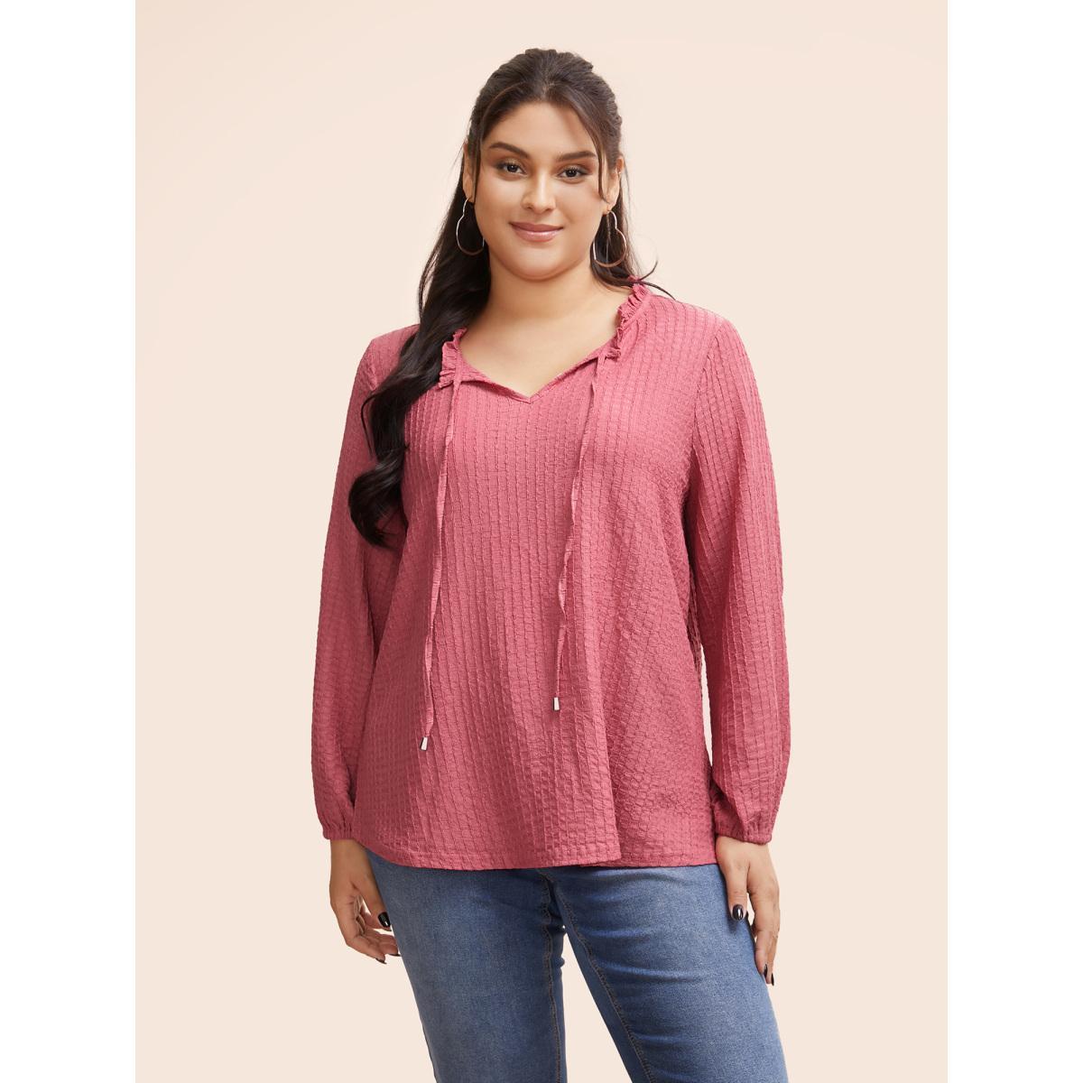 Plus Size Textured Tie Knot Lantern Sleeve T-shirt Beanpastepowder Women Casual Tie knot V-neck Everyday T-shirts BloomChic 10/M Product Image