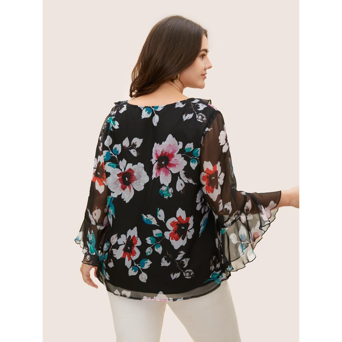 Plus Size Black Chiffon Floral Ruffles Mesh Blouse Women Elegant Elbow-length sleeve V-neck Everyday Blouses BloomChic 18-20/2X Product Image