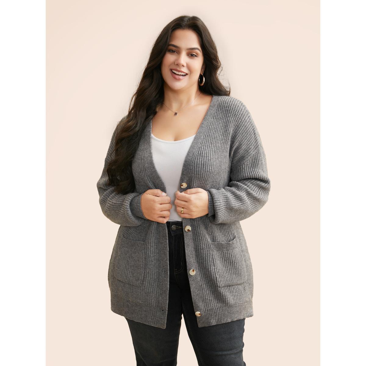 Plus Size Supersoft Ribbed Drop Shoulder Wool Cardigan Mediumgray Women Casual Loose Long Sleeve Everyday Cardigans BloomChic 22-24/3X Product Image