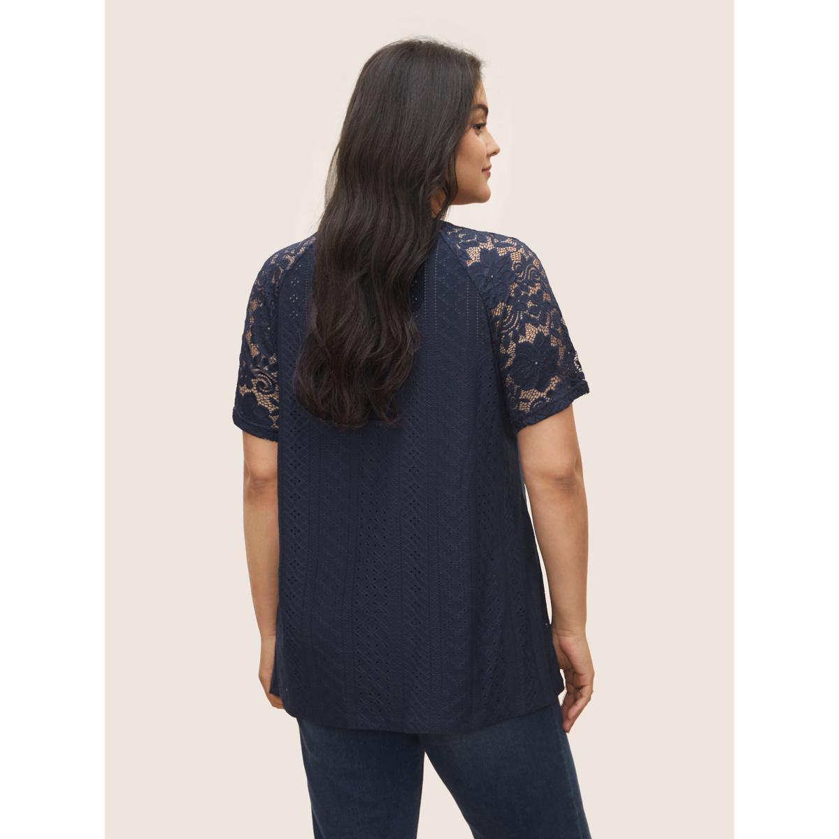 Plus Size Solid Broderie Anglaise Lace Raglan Sleeve T-shirt Midnight Women Elegant See through Plain Round Neck Everyday T-shirts BloomChic 30/6X Product Image