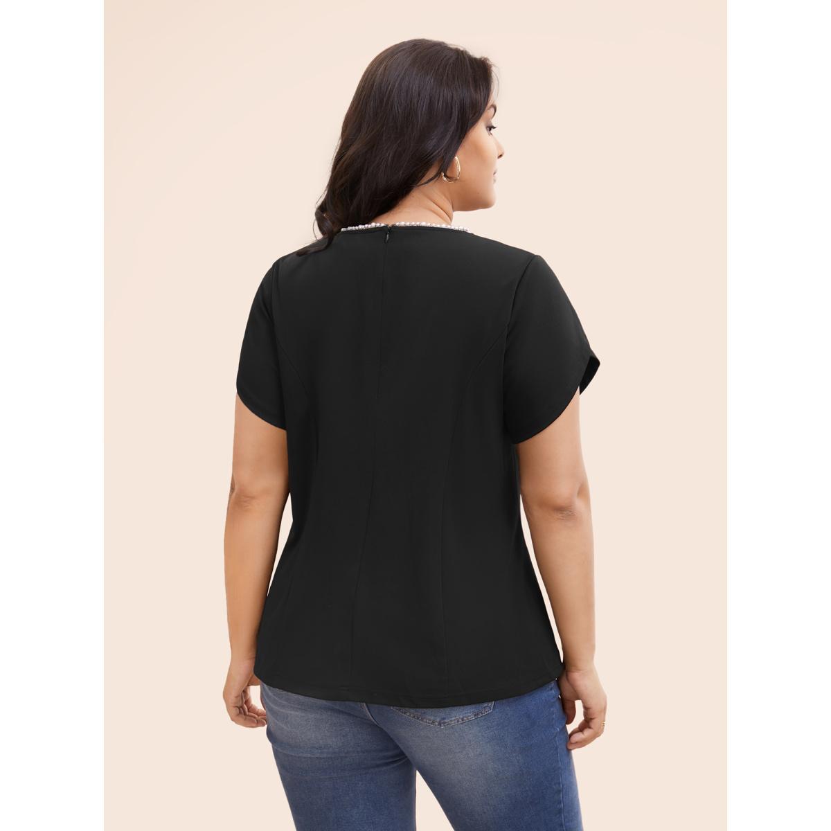 Plus Size Black Pearl Beaded Petal Sleeve Stretch Blouse Women Elegant Half Sleeve Round Neck Everyday Blouses BloomChic 14-16/1X Product Image