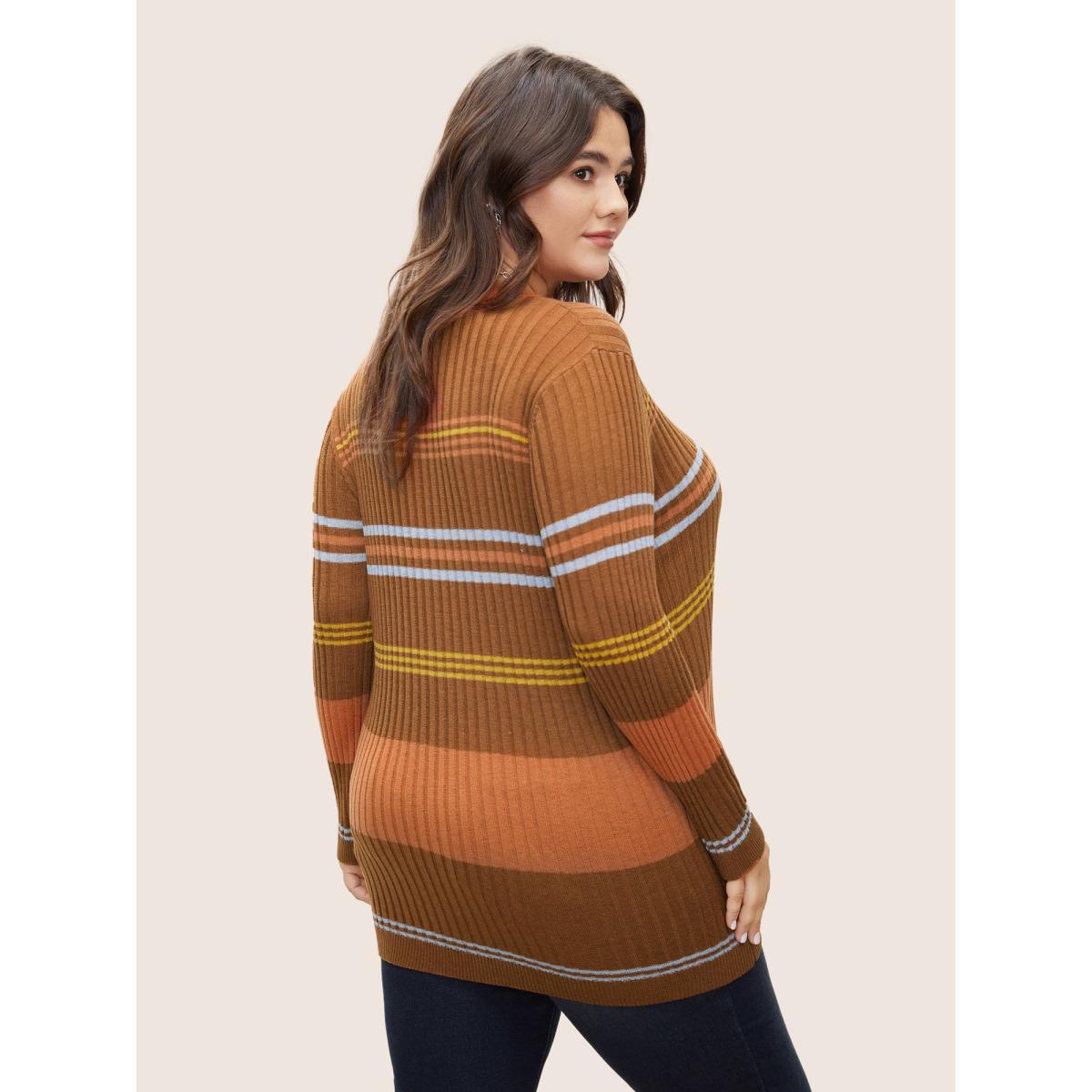 Plus Size Supersoft Essentials Contrast Striped Pullover Rust Women Casual Long Sleeve Round Neck Everyday Pullovers BloomChic 30/6X Product Image