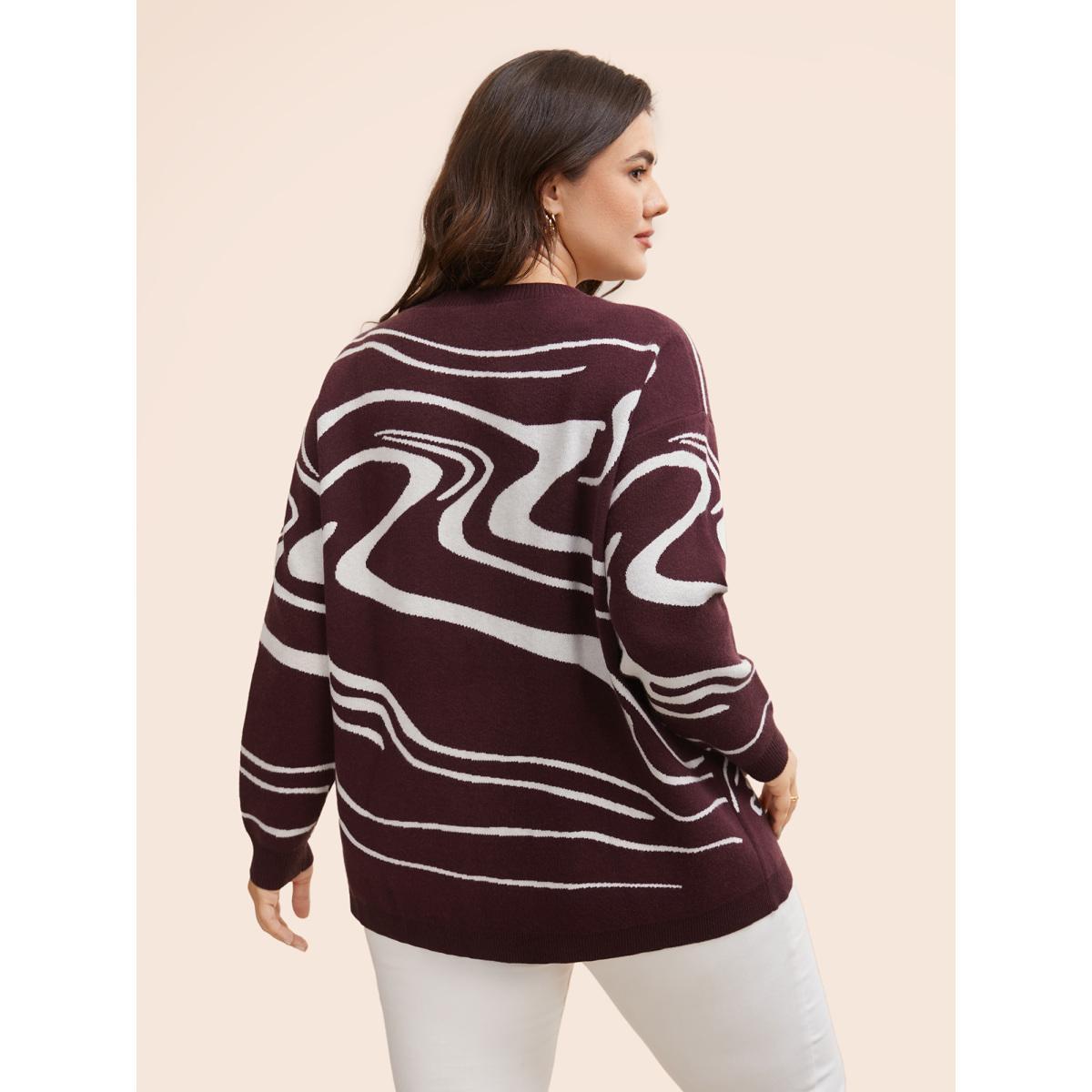 Plus Size Water Ripple Contrast Drop Shoulder Pullover DarkBrown Women Casual Loose Long Sleeve Round Neck Everyday Pullovers BloomChic 18-20/2X Product Image