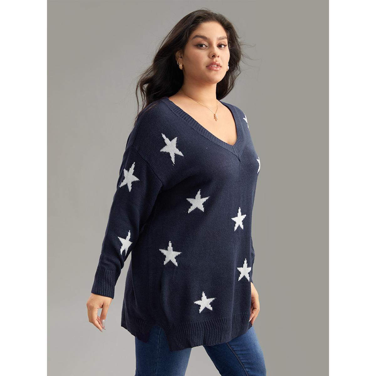 Plus Size Star Print Drop Shoulder Cardigan Indigo Women Casual Loose Long Sleeve V-neck Dailywear Pullovers BloomChic 10/M Product Image