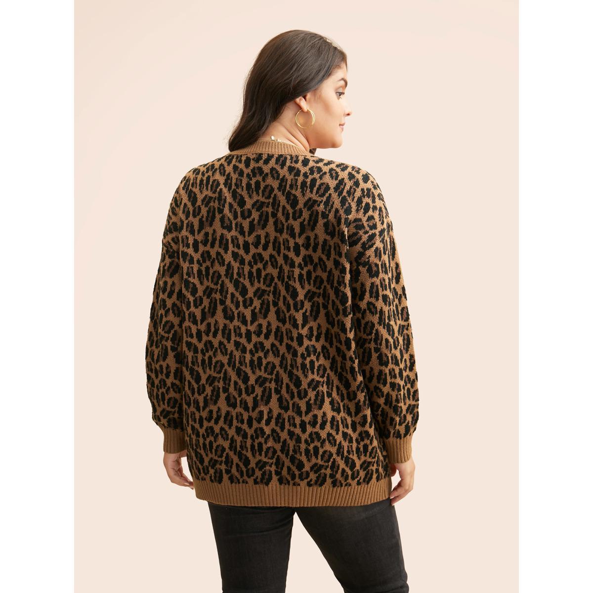 Plus Size V Neck Leopard Print Jacquard Pullover Yellowishbrown Women Casual Loose Long Sleeve V-neck Everyday Pullovers BloomChic 18-20/2X Product Image
