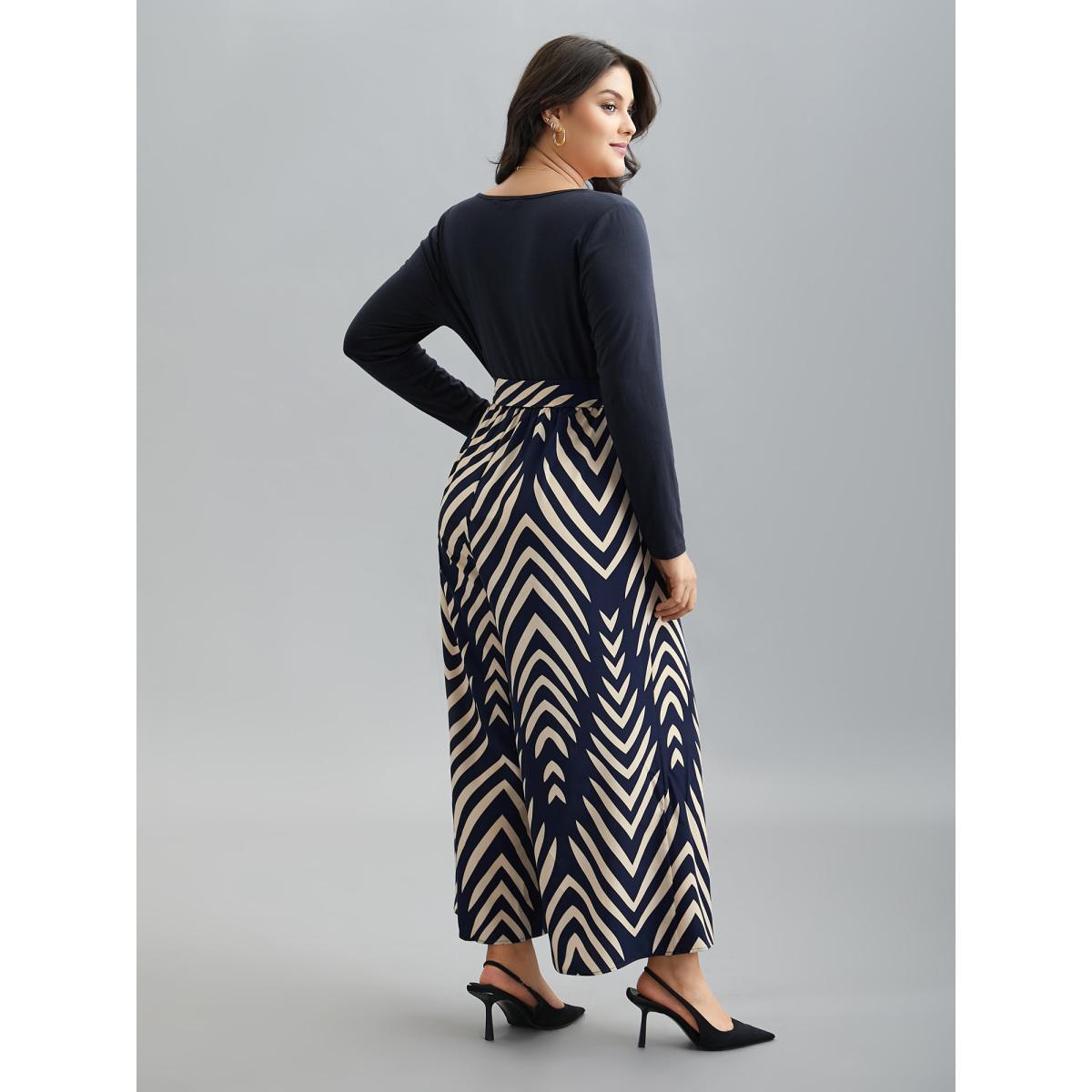 Plus Size DarkBlue Supersoft Geometric Block Stretchy-Waist Jumpsuit Women Elegant Long Sleeve Square Neck Everyday-Elegant Loose Jumpsuits BloomChic 18-20/2X Product Image