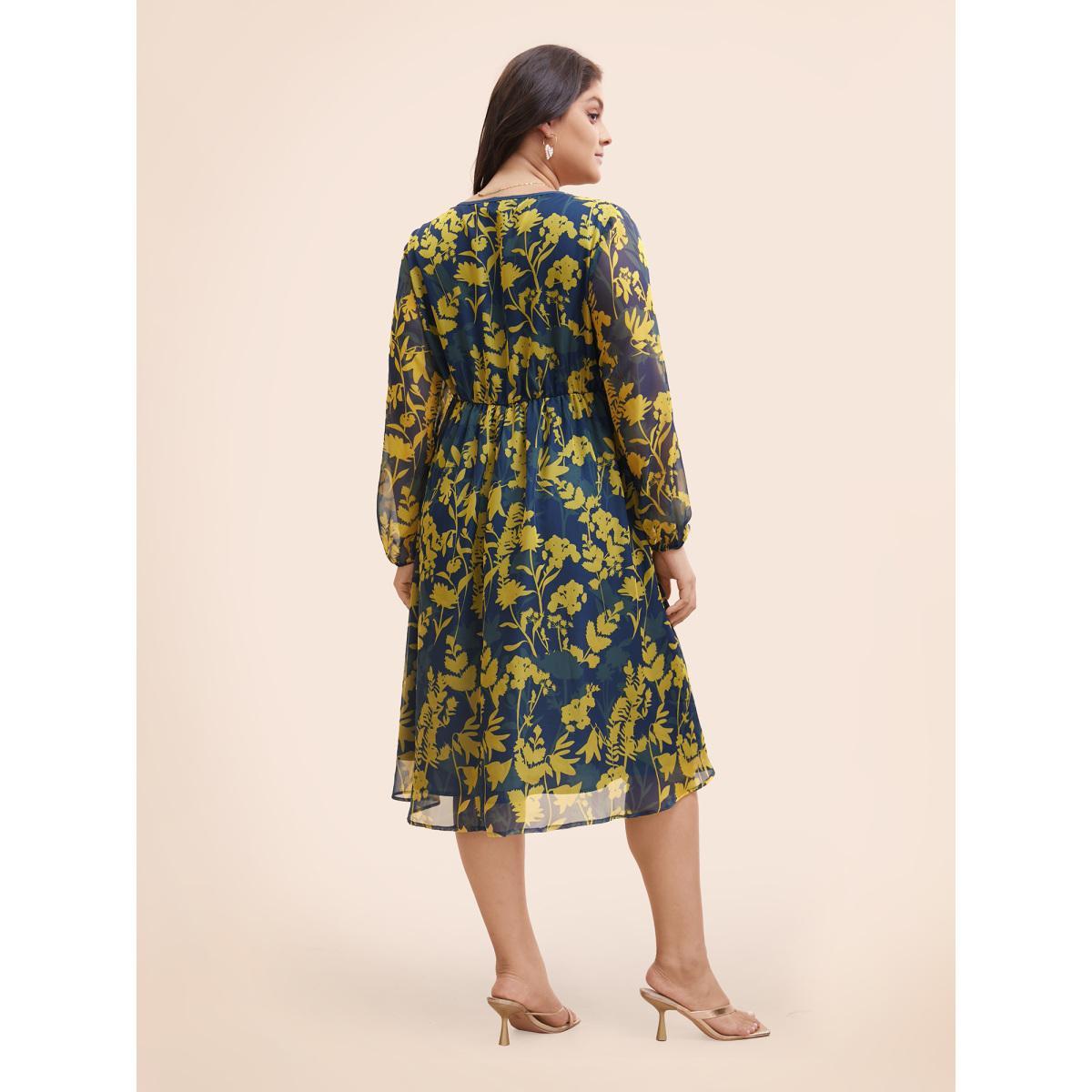 Plus Size V Neck Silhouette Floral Print Mesh Dress Navy Women Elegant Gathered V-neck Long Sleeve Curvy BloomChic 26/4X Product Image
